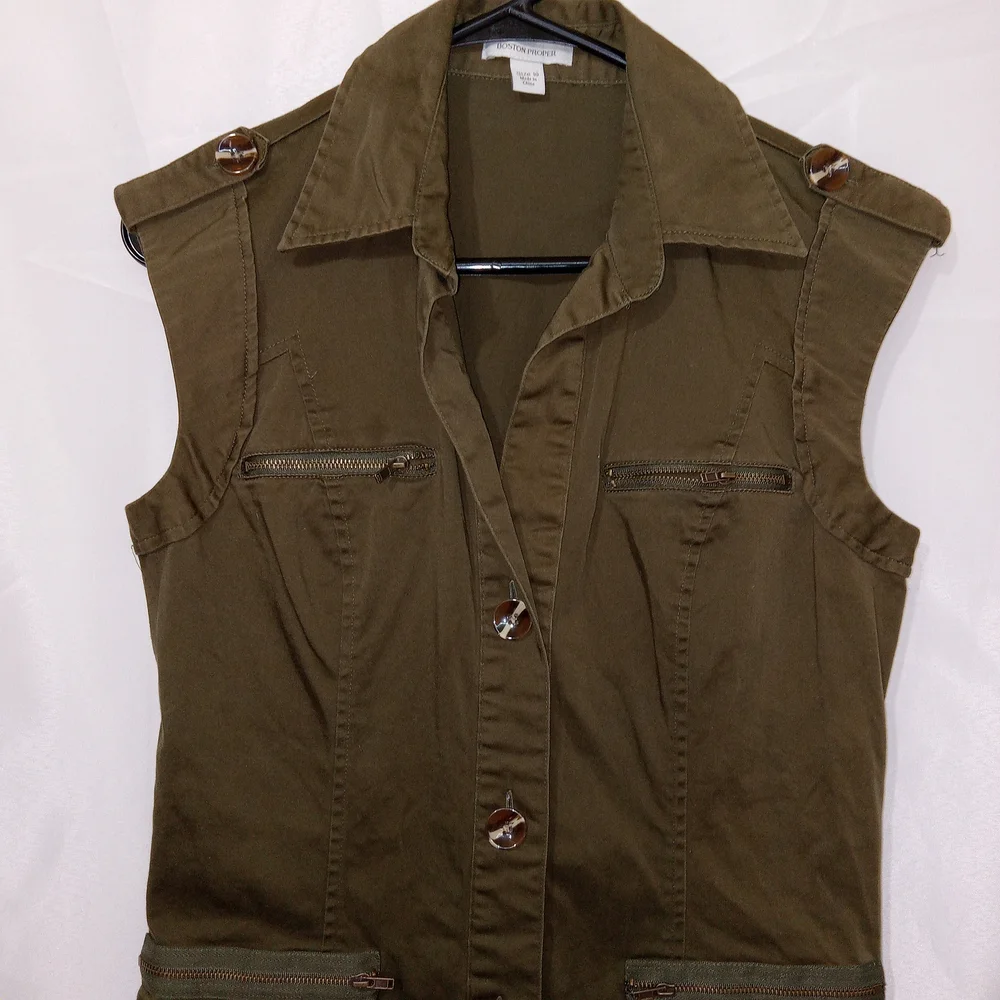 Boston Proper Olive Utility Shirt Dress Military Sleeveless Sz 10 Punk Goth EUC - Picture 3 of 11